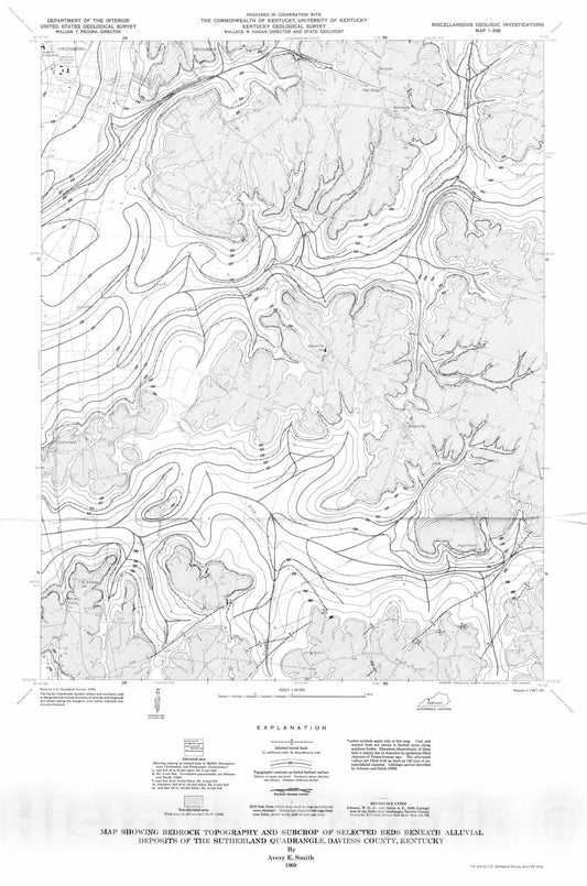 Map : Map showing bedrock topography and subcrop of selected beds beneath alluvial deposits of the Sutherland quadrangle, Daviess County, Kentucky, 1969 Cartography Wall Art :