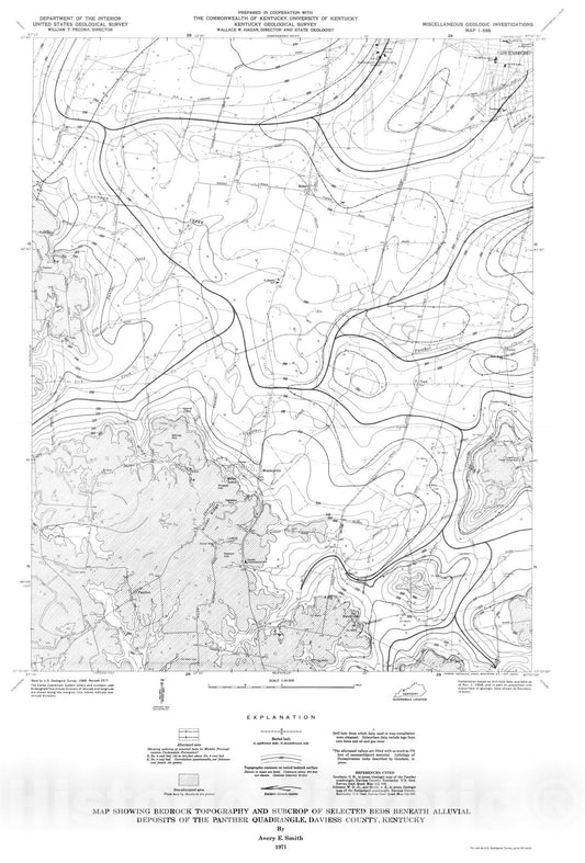 Map : Map showing bedrock topography and subcrop of selected beds beneath alluvial deposits of the Panther quadrangle, Daviess County, Kentucky, 1971 Cartography Wall Art :