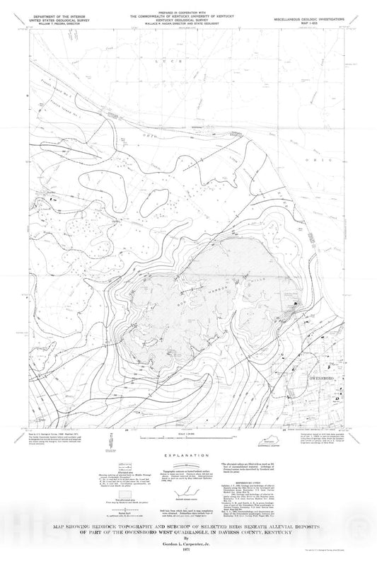 Map : Map showing bedrock topography and subcrop of selected beds beneath alluvial deposits of part of the Owensboro West quadrangle in, 1971 Cartography Wall Art :