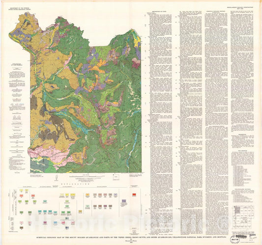 Map : Surficial geologic map of the Mount Holmes quadrangle and parts of the Tepee Creek, Crown Butte, and Miner quadrangles, Yellowstone, 1973 Cartography Wall Art :