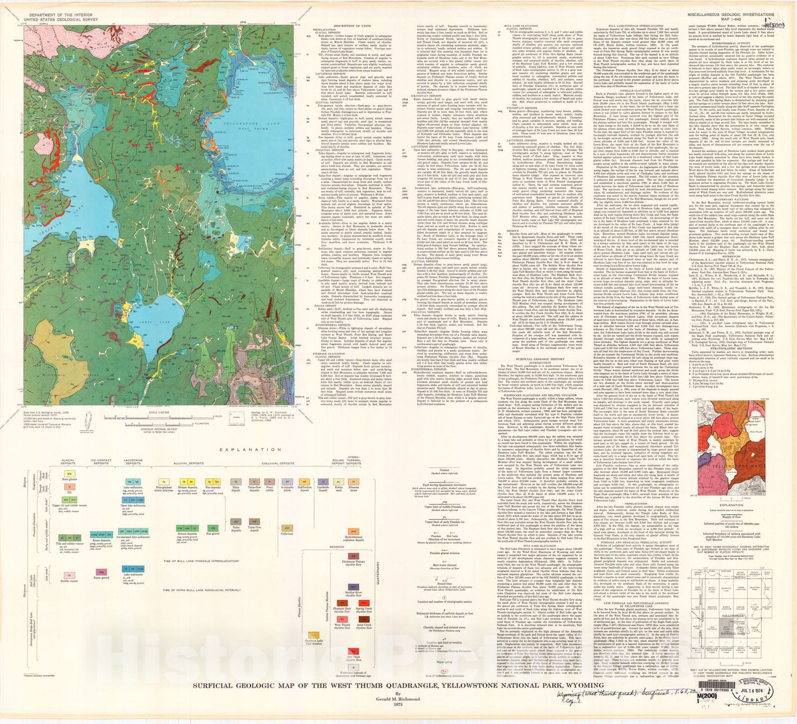 Map : Surficial geologic map of the West Thumb quadrangle, Yellowstone National Park, Wyoming, 1973 Cartography Wall Art :