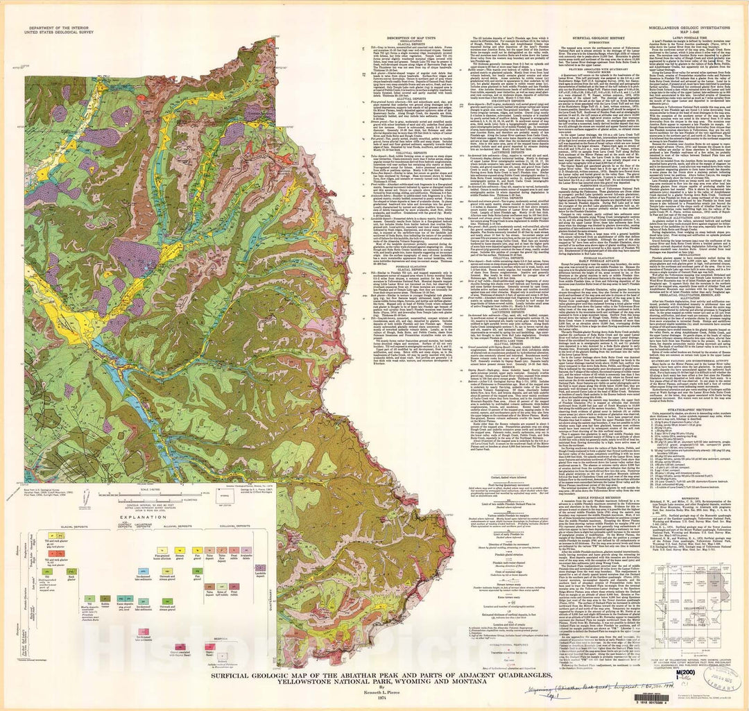 Map : Surficial geologic map of the Abiathar Peak and parts of adjacent quadrangles, Yellowstone National Park, Wyoming and Montana, 1974 Cartography Wall Art :