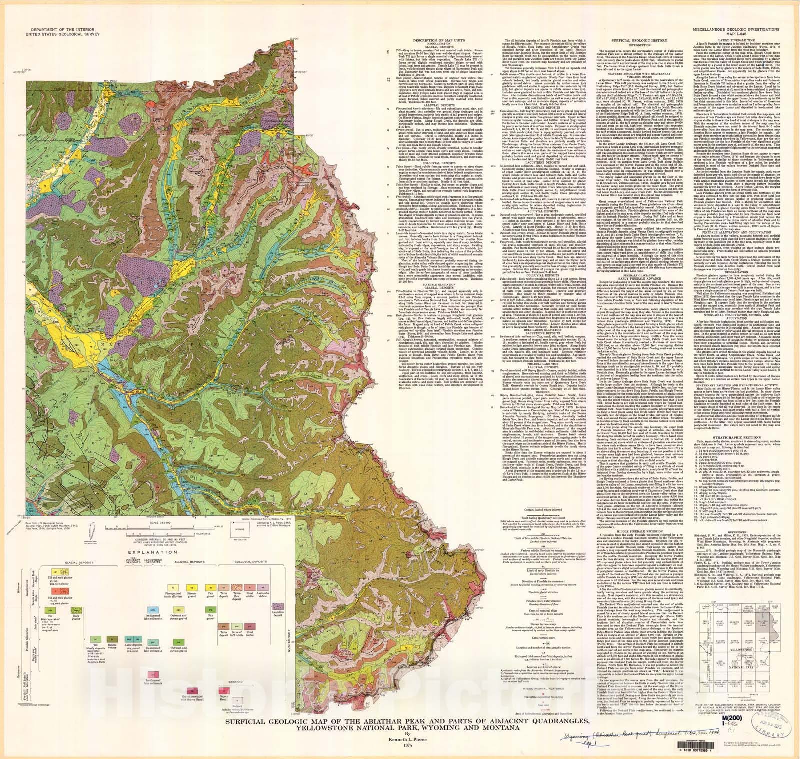 Map : Surficial geologic map of the Abiathar Peak and parts of adjacent quadrangles, Yellowstone National Park, Wyoming and Montana, 1974 Cartography Wall Art :