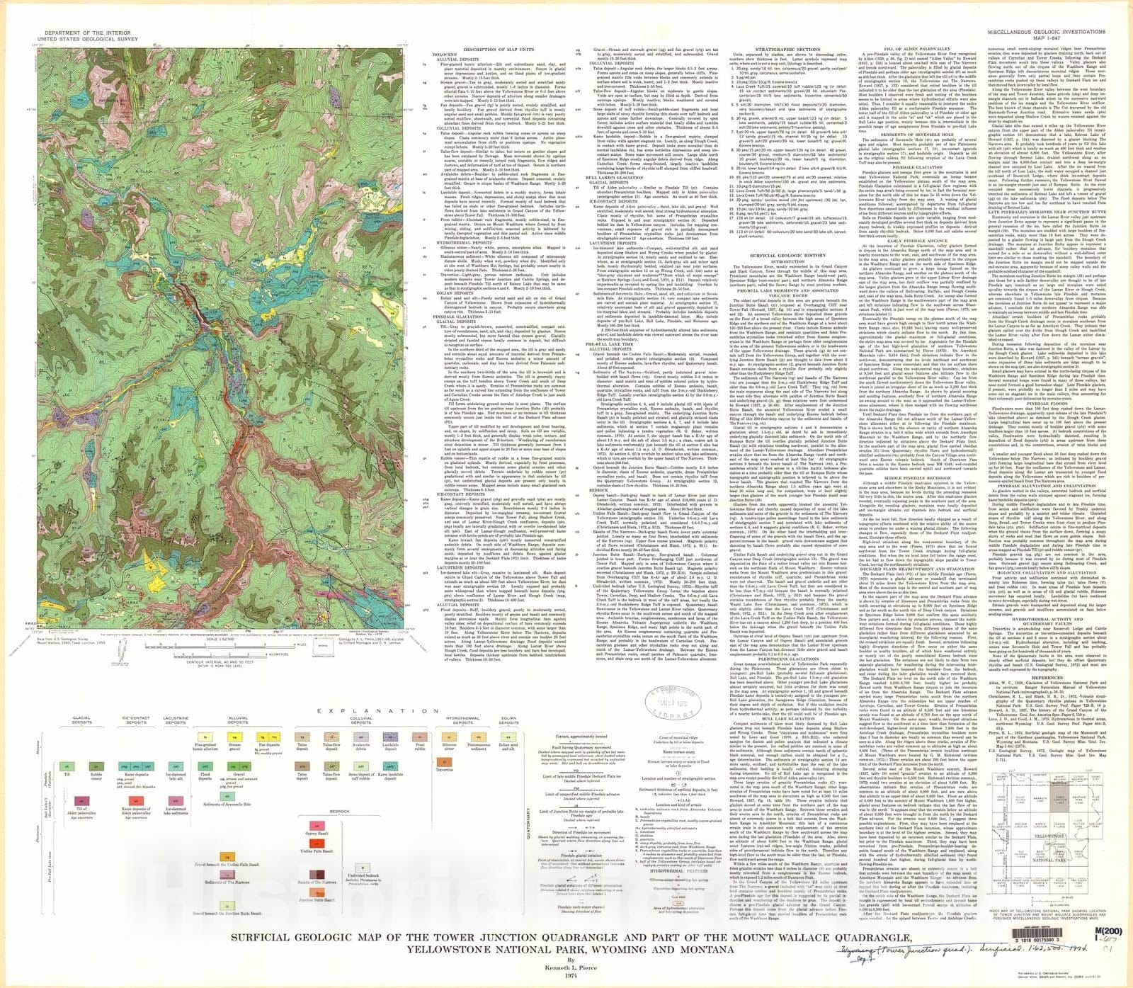 Map : Surficial geologic map of the Tower Junction quadrangle and part of the Mount Wallace quadrangle, Yellowstone National Park, 1974 Cartography Wall Art :