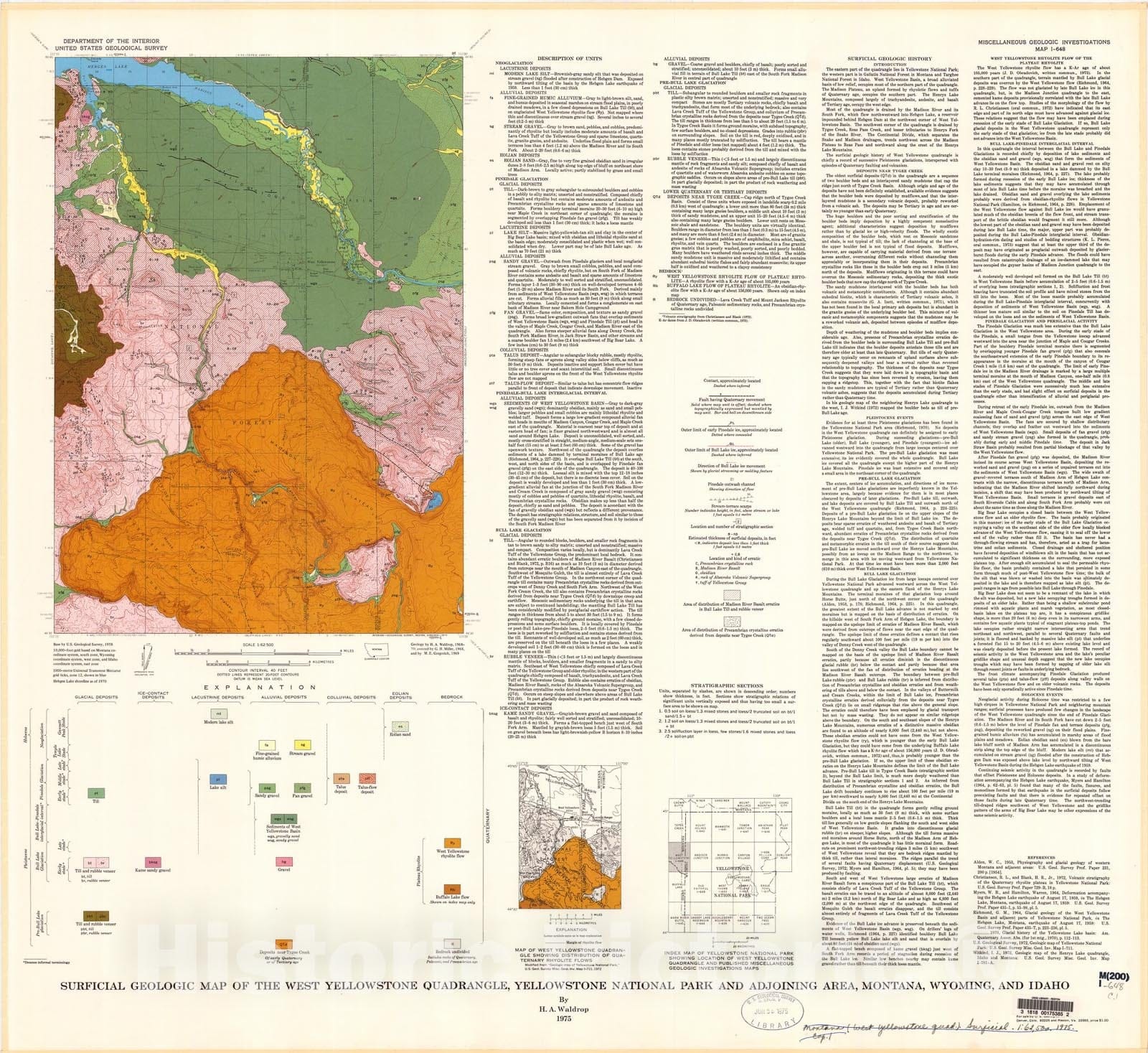 Map : Surficial geologic map of the West Yellowstone quadrangle, Yellowstone National Park and adjoining area, Montana, Wyoming, and Idaho, 1975 Cartography Wall Art :
