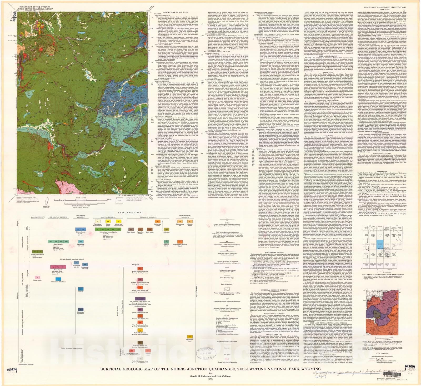 Map : Surficial geologic map of the Norris Junction quadrangle, Yellowstone National Park, Wyoming, 1975 Cartography Wall Art :