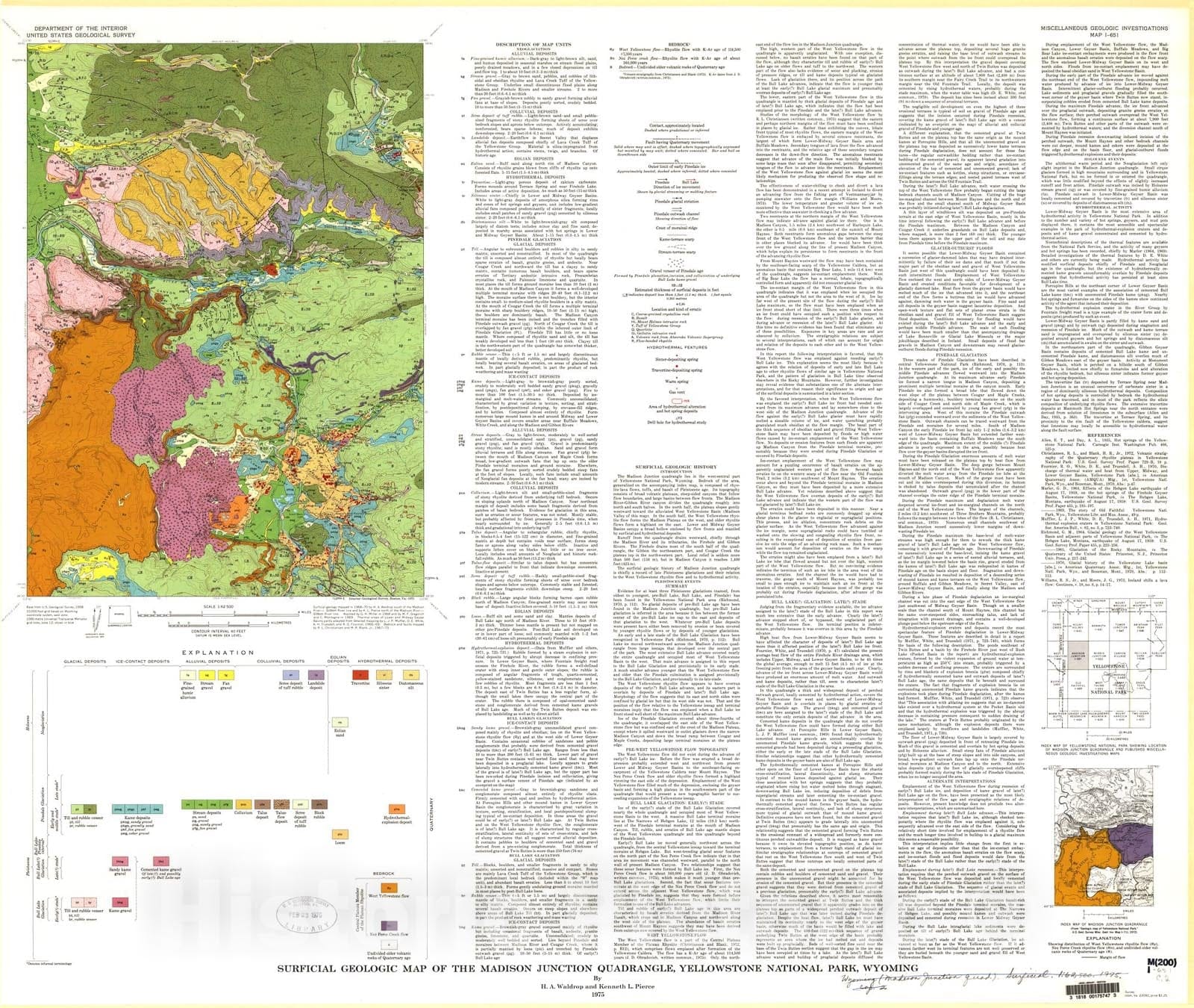 Map : Surficial geologic map of the Madison Junction quadrangle, Yellowstone National Park, Wyoming, 1975 Cartography Wall Art :