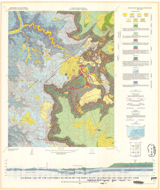Map : Geologic map of the southwest quarter of the Hatch Point quadrangle, San Juan County, Utah, 1971 Cartography Wall Art :