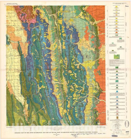 Map : Geologic map of the Afton quadrangle and part of the Big Piney quadrangle, Lincoln and Sublette Counties, Wyoming, 1973 Cartography Wall Art :