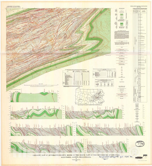 Map : Geologic map of anthracite-bearing rocks in the north part of the Orwigsburg quadrangle, Schuylkill County, Pennsylvania, 1972 Cartography Wall Art :