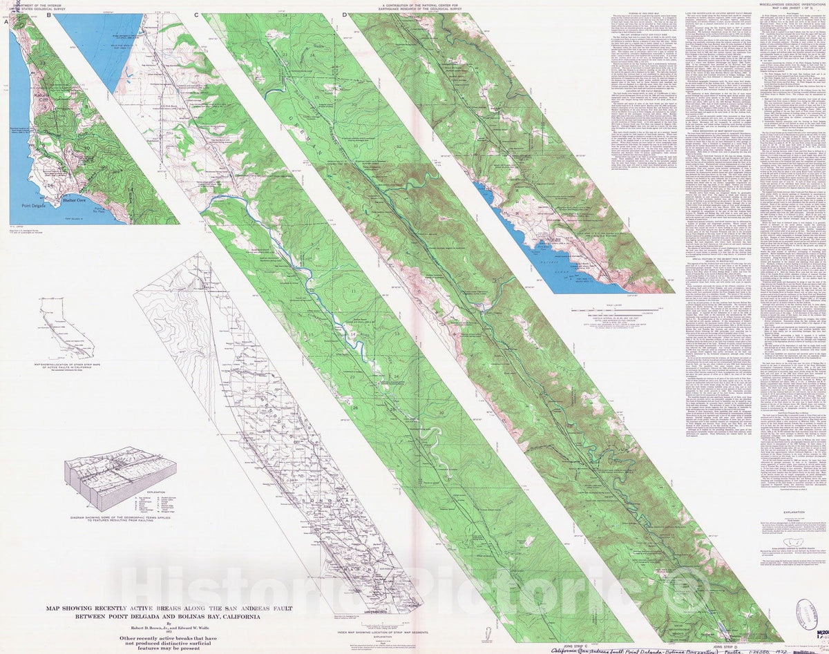 Map : Map showing recently active breaks along the San Andreas fault between Point Delgada and Bolinas Bay, California, 1972 Cartography Wall Art :