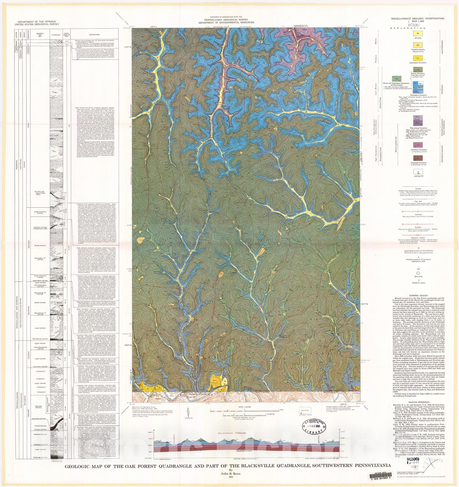 Map : Geologic map of the Oak Forest quadrangle and part of the Blacksville quadrangle, southwestern Pennsylvania, 1972 Cartography Wall Art :