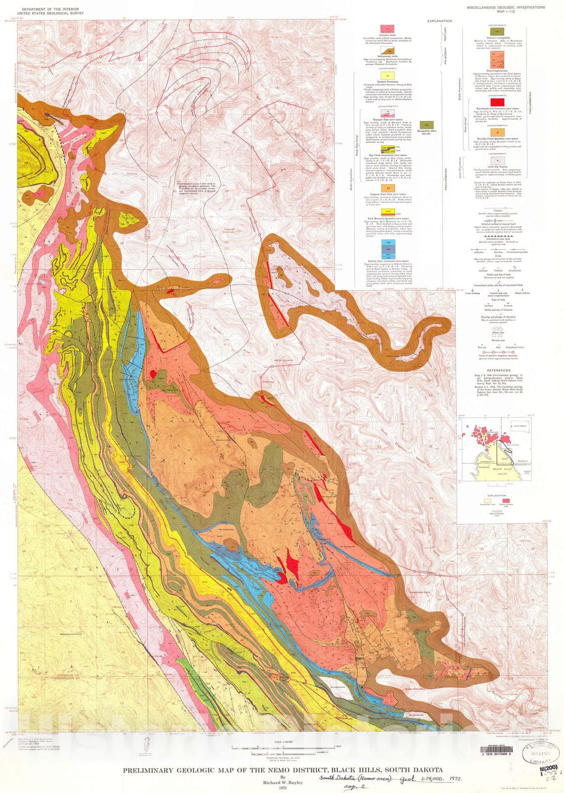 Map : Preliminary geologic map of the Nemo district, Black Hills, South Dakota, 1972 Cartography Wall Art :