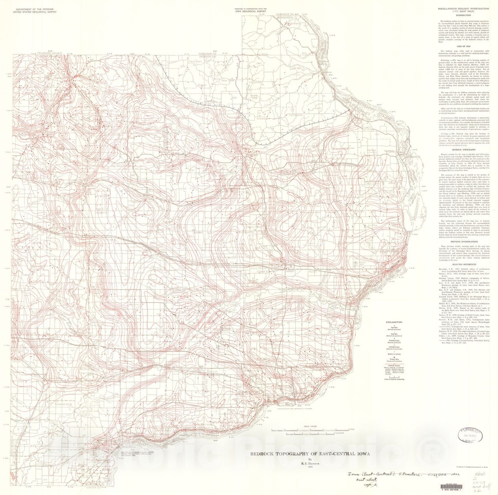 Map : Bedrock topography of east-central Iowa, 1972 Cartography Wall Art :