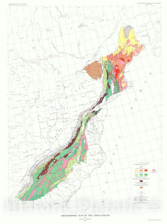 Map : Metamorphic map of the Appalachians, 1972 Cartography Wall Art :