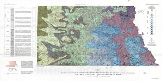 Map : Bedrock geologic map showing thickness of overlying Quaternary deposits, Lincoln quadrangle and part of Nebraska City quadrangle, Nebraska and Kansas, 1972 Cartography Wall Art :