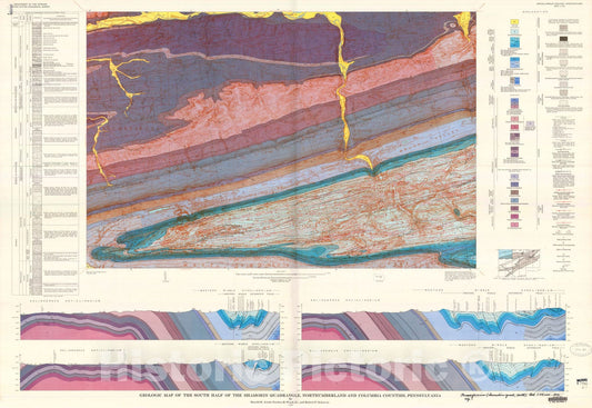 Map : Geologic map of the south half of the Shamokin quadrangle, Northumberland and Columbia Counties, Pennsylvania, 1973 Cartography Wall Art :