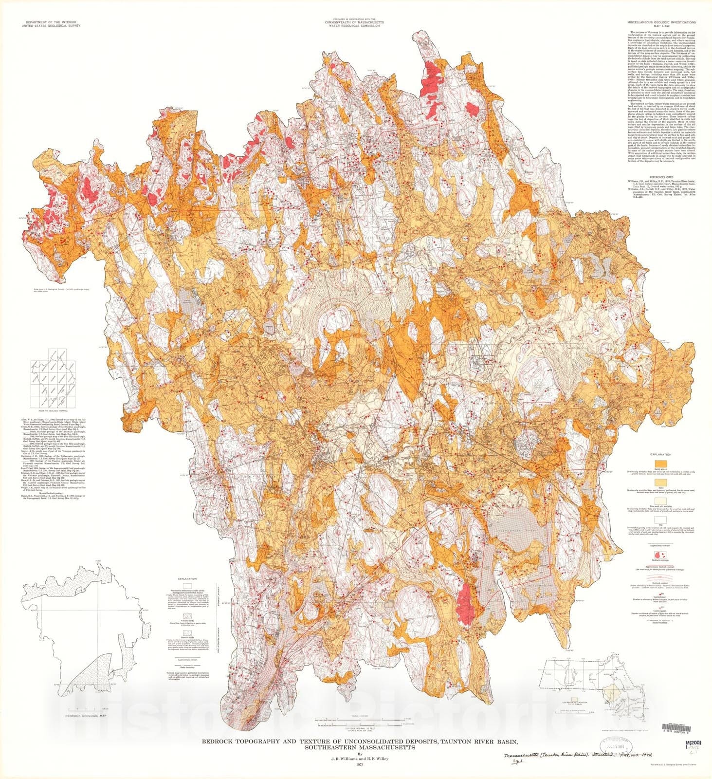 Map : Bedrock topography and texture of unconsolidated deposits, Taunton River basin, southeastern Massachusetts, 1973 Cartography Wall Art :