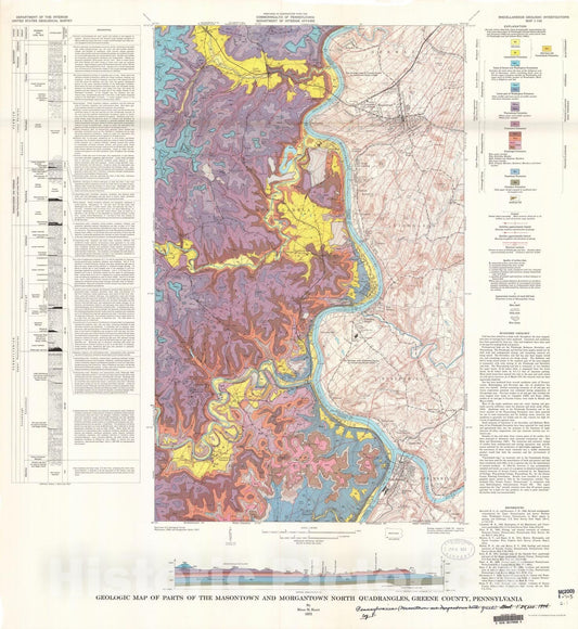 Map : Geologic map of parts of the Masontown and Morgantown North quadrangles, Greene County, Pennsylvania, 1973 Cartography Wall Art :