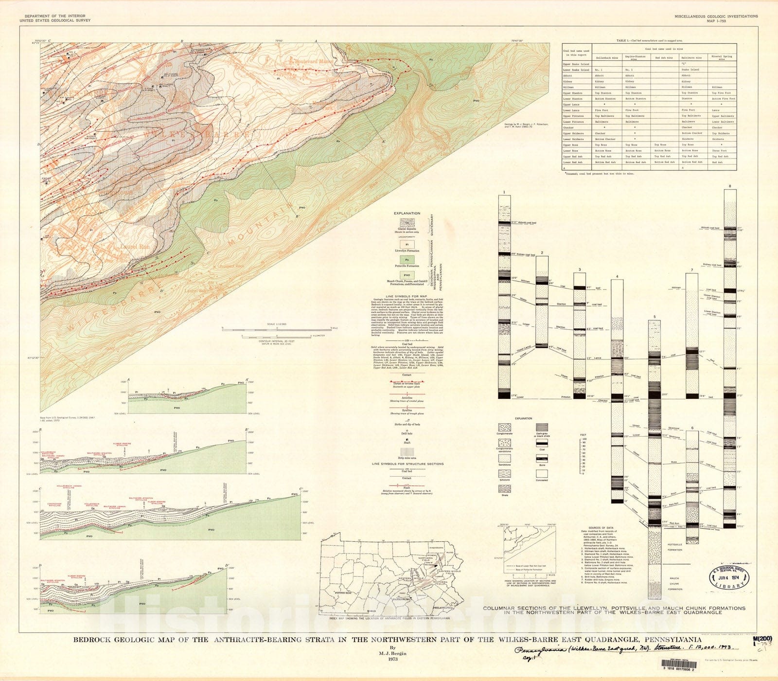 Map : Bedrock geologic map of the anthracite-bearing strata in the northwestern part of the Wilkes-Barre East quadrangle, Pennsylvania, 1973 Cartography Wall Art :