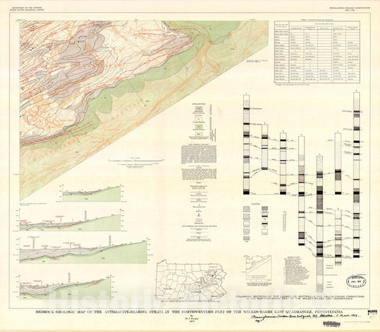 Map : Bedrock geologic map of the anthracite-bearing strata in the northwestern part of the Wilkes-Barre East quadrangle, Pennsylvania, 1973 Cartography Wall Art :