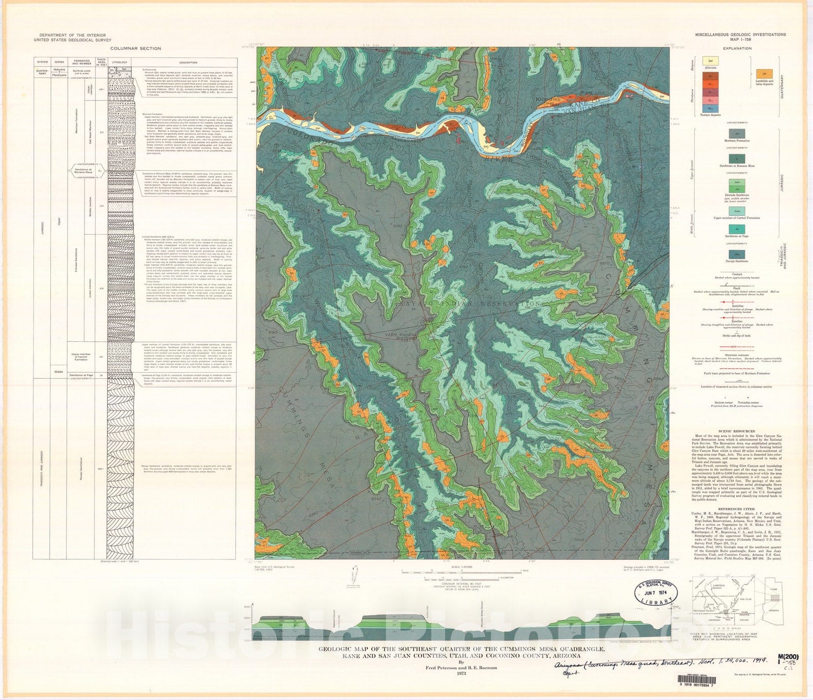 Map : Geologic map of the southeast quarter of the Cummings Mesa quadrangle, Kane and San Juan Counties, Utah, and Coconino County, Arizona, 1973 Cartography Wall Art :