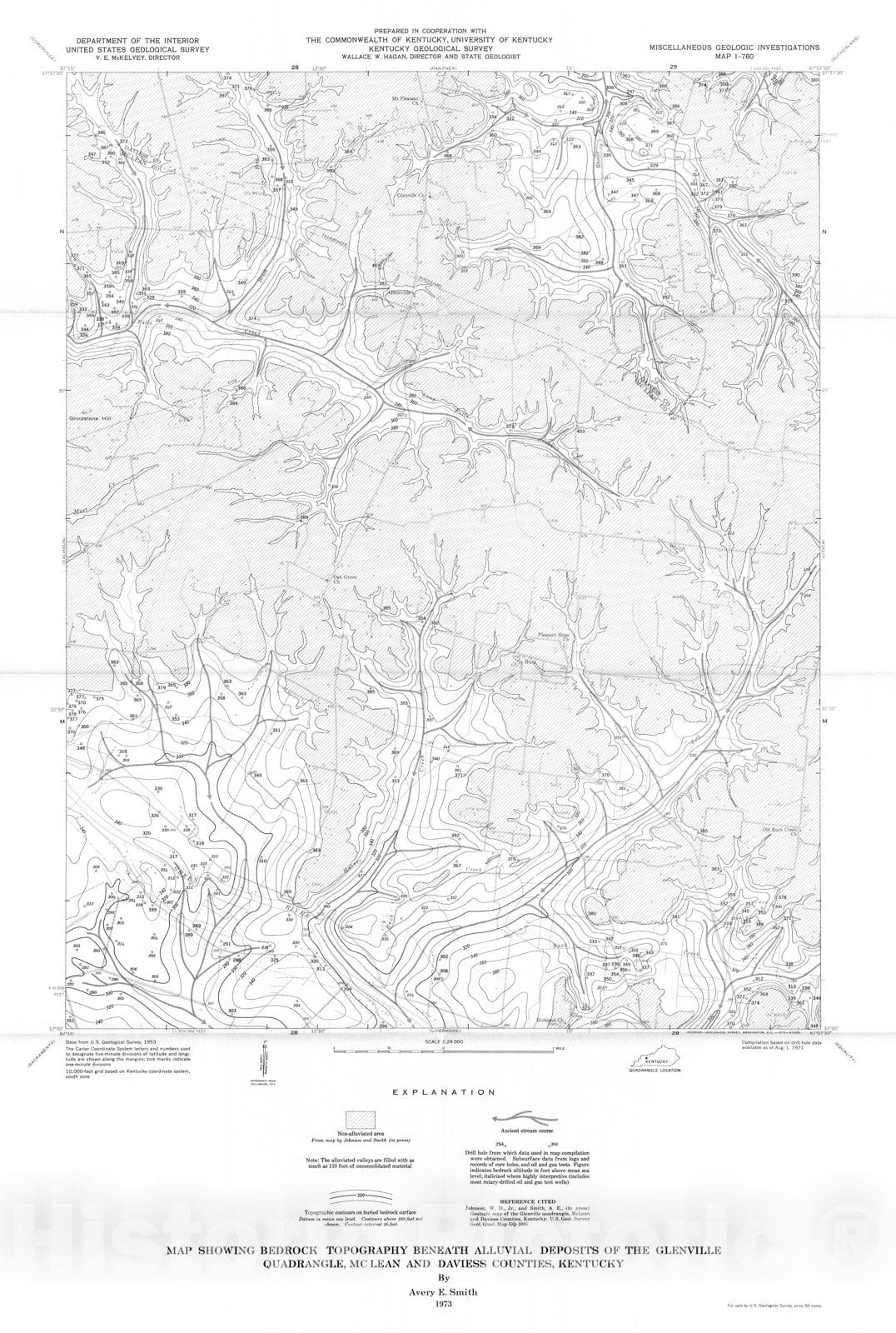 Map : Map showing bedrock topography beneath alluvial deposits of the Glenville quadrangle, McLean and Daviess Counties, Kentucky, 1973 Cartography Wall Art :