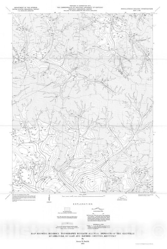 Map : Map showing bedrock topography beneath alluvial deposits of the Glenville quadrangle, McLean and Daviess Counties, Kentucky, 1973 Cartography Wall Art :