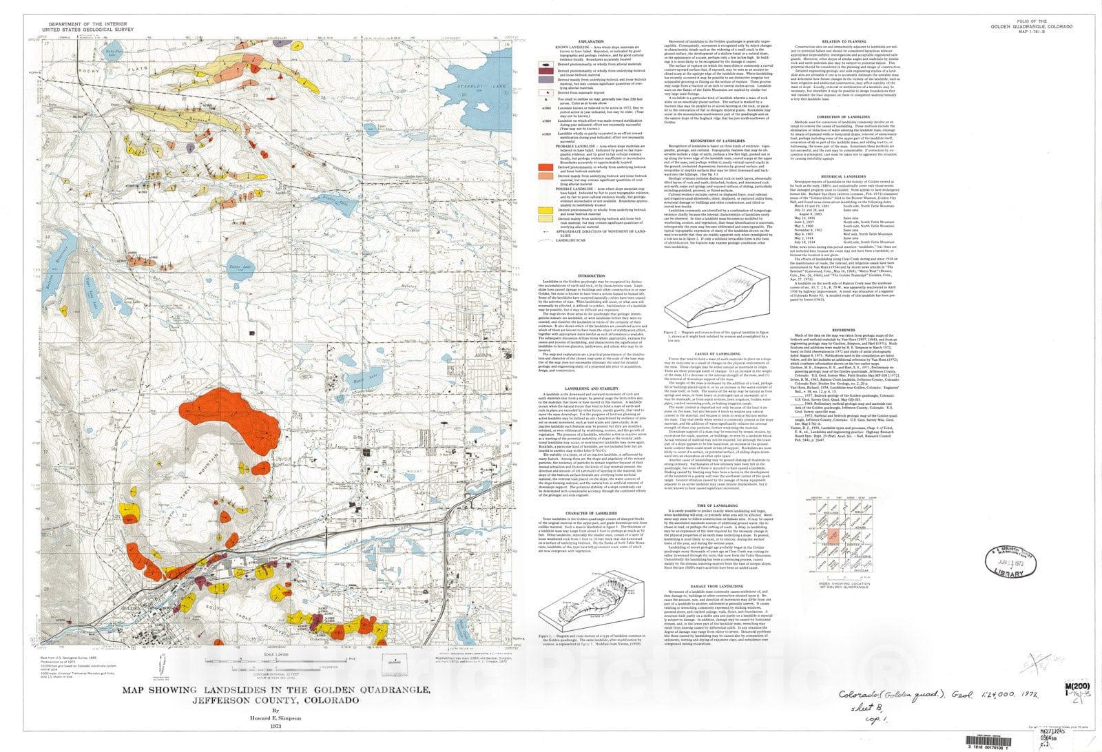 Map : Map showing landslides in the Golden quadrangle, Jefferson County, Colorado, 1973 Cartography Wall Art :
