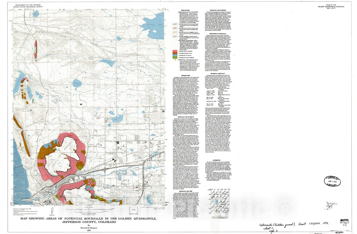 Map : Map showing areas of potential rockfalls in the Golden quadrangle, Jefferson County, Colorado, 1973 Cartography Wall Art :