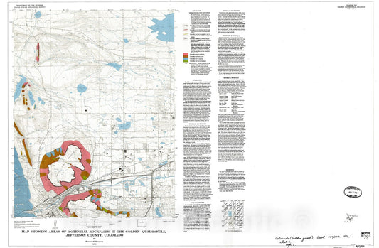 Map : Map showing areas of potential rockfalls in the Golden quadrangle, Jefferson County, Colorado, 1973 Cartography Wall Art :