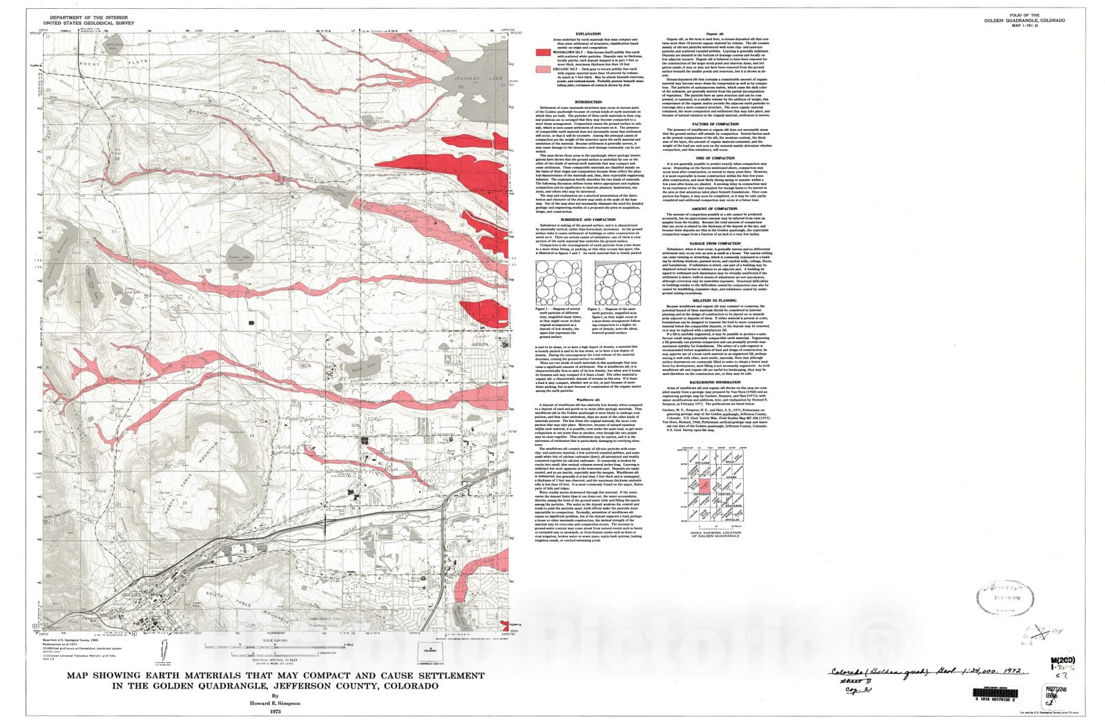 Map : Map showing earth materials that may compact and cause settlement in the Golden quadrangle, Jefferson County, Colorado, 1973 Cartography Wall Art :