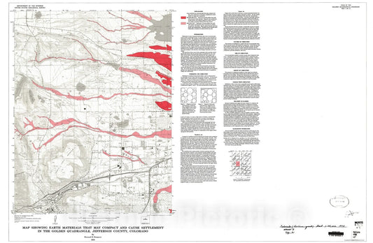 Map : Map showing earth materials that may compact and cause settlement in the Golden quadrangle, Jefferson County, Colorado, 1973 Cartography Wall Art :