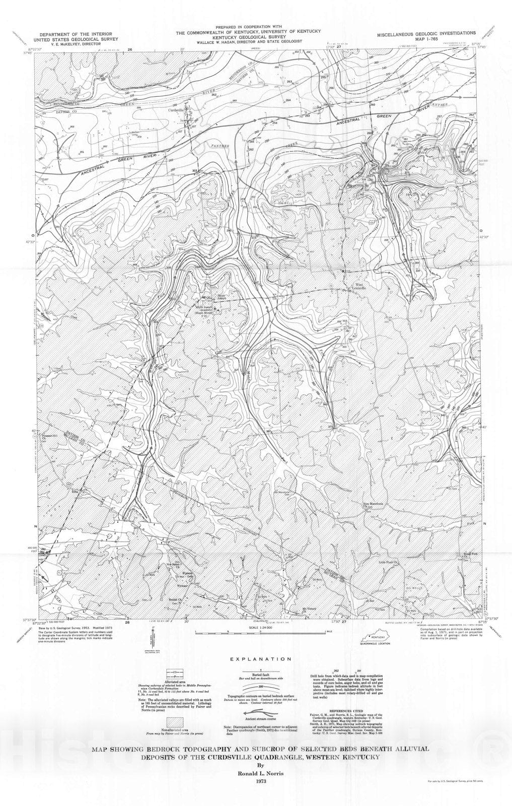 Map : Map showing bedrock topography and subcrop of selected beds beneath alluvial deposits of the Curdsville quadrangle, western Kentucky, 1972 Cartography Wall Art :