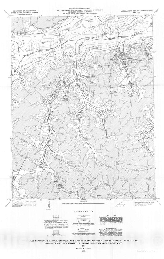 Map : Map showing bedrock topography and subcrop of selected beds beneath alluvial deposits of the Curdsville quadrangle, western Kentucky, 1972 Cartography Wall Art :