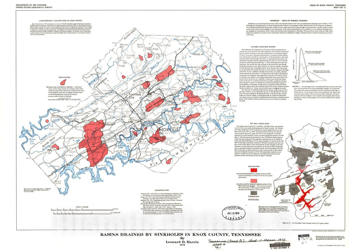 Map : Basins drained by sinkholes in Knox County, Tennessee, 1973 Cartography Wall Art :
