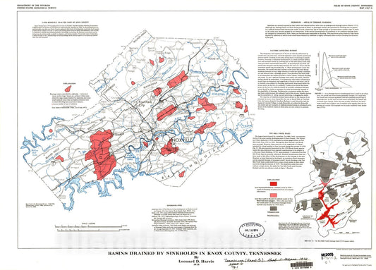 Map : Basins drained by sinkholes in Knox County, Tennessee, 1973 Cartography Wall Art :