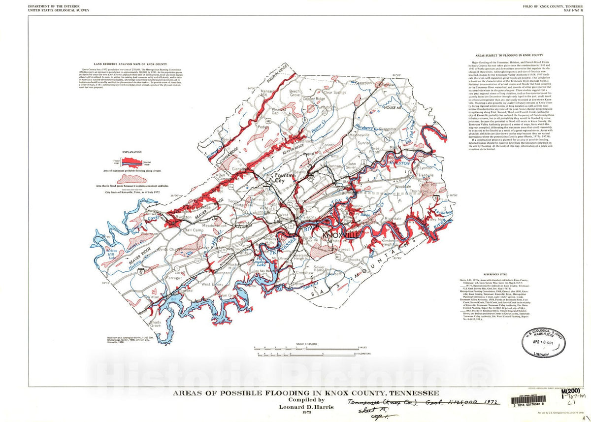 Map : Areas of possible flooding in Knox County, Tennessee, 1973 Cartography Wall Art :