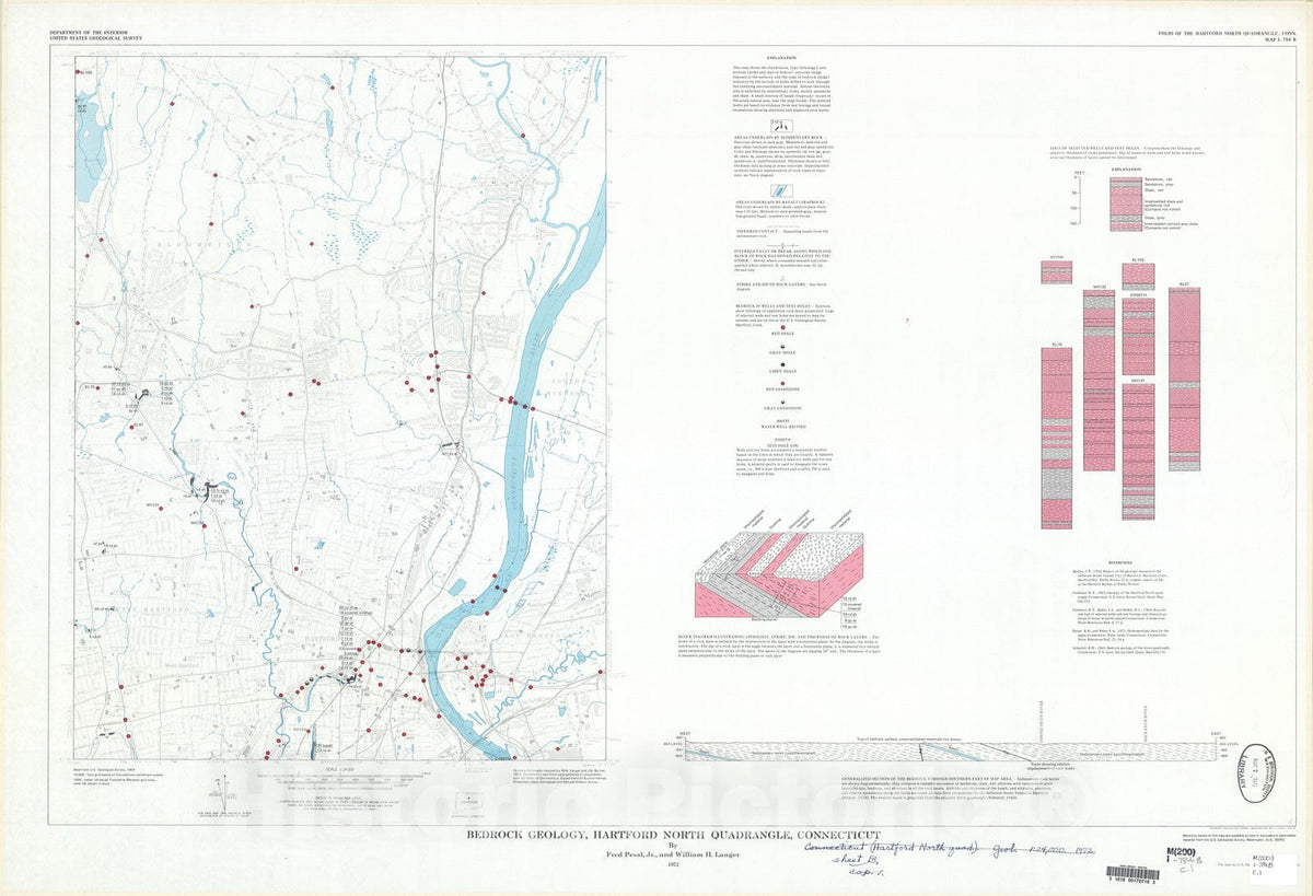 Map : Bedrock geology, Hartford North quadrangle, Connecticut, 1972 Cartography Wall Art :
