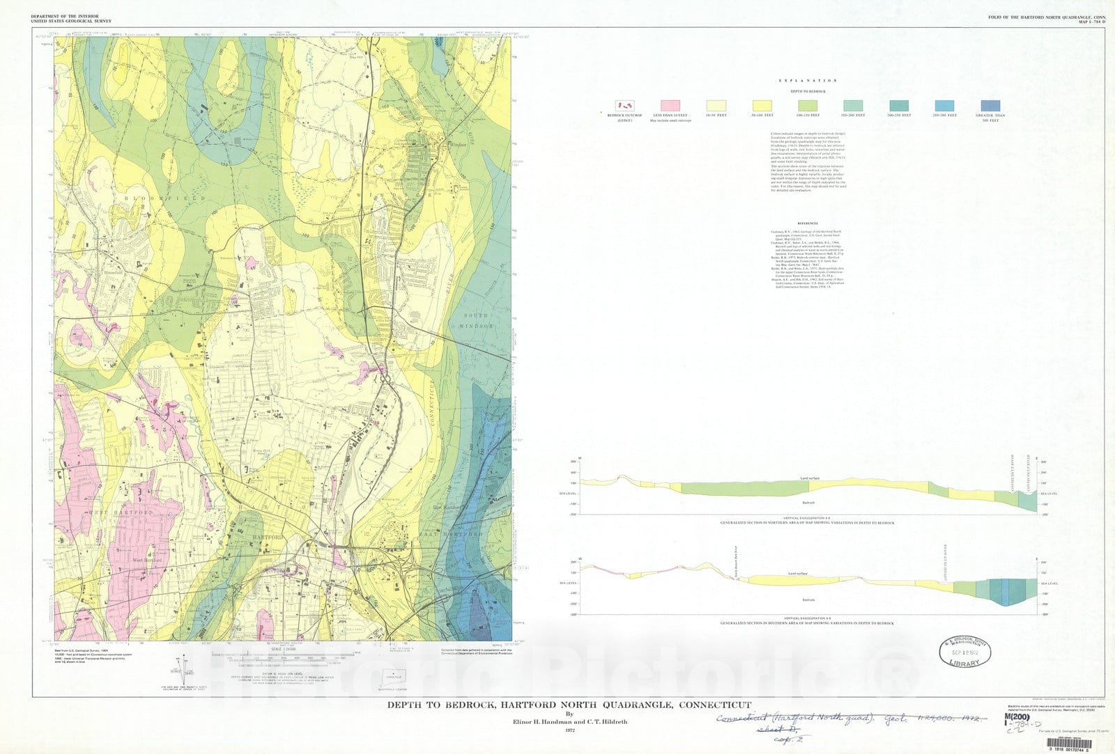 Map : Depth to bedrock, Hartford North quadrangle, Connecticut, 1972 Cartography Wall Art :