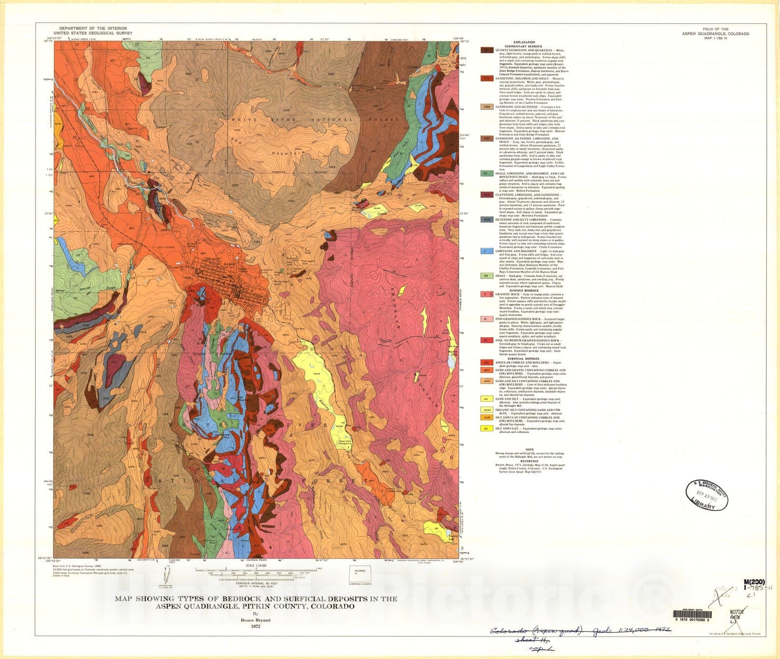 Map : Map showing types of bedrock and surficial deposits in the Aspen quadrangle, Pitkin County, Colorado, 1972 Cartography Wall Art :