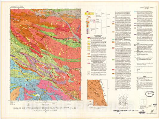 Map : Geologic map of the Evergreen quadrangle, Jefferson County, Colorado, 1972 Cartography Wall Art :