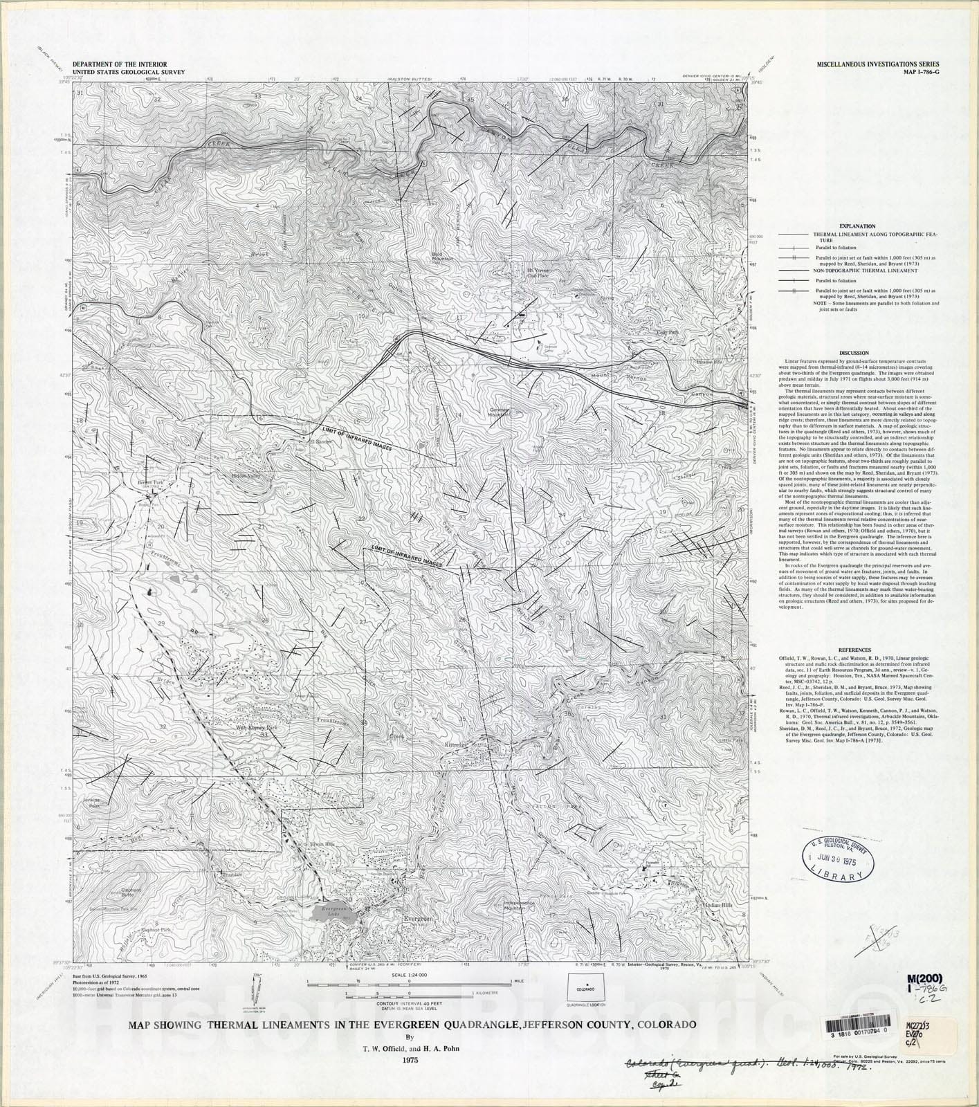 Map : Map showing thermal lineaments in the Evergreen quadrangle, Jefferson County, Colorado, 1975 Cartography Wall Art :