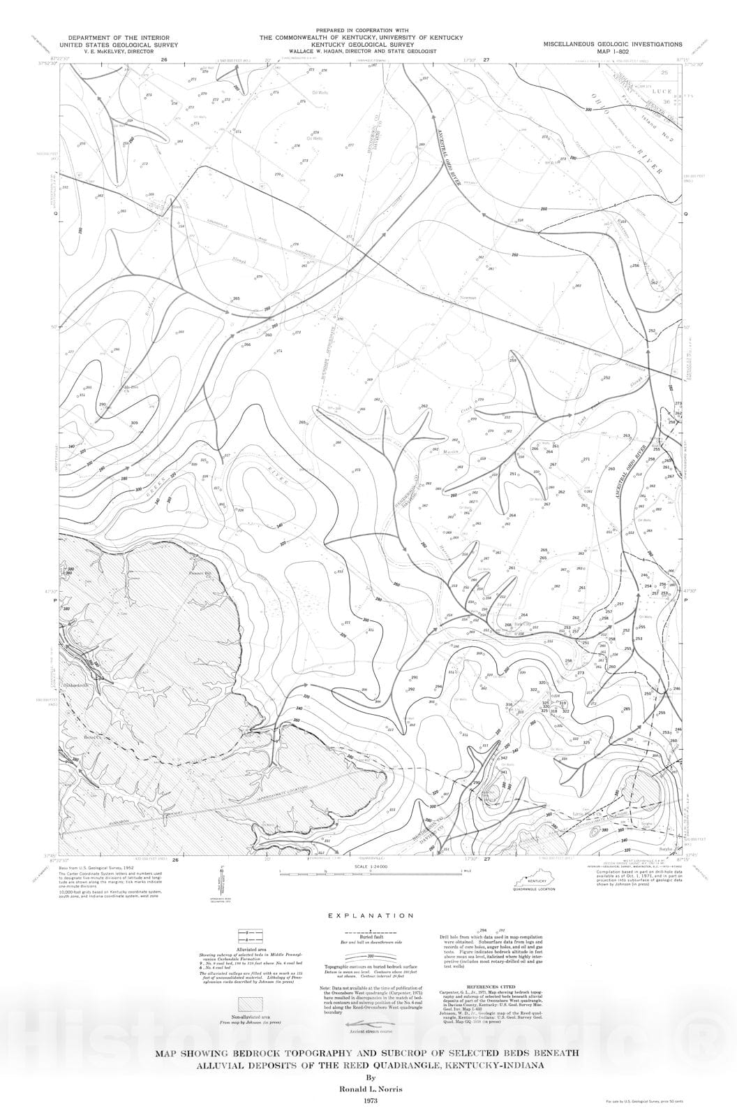 Map : Map showing bedrock topography and subcrop of selected beds beneath alluvial deposits of the Reed quadrangle, Kentucky-Indiana, 1973 Cartography Wall Art :