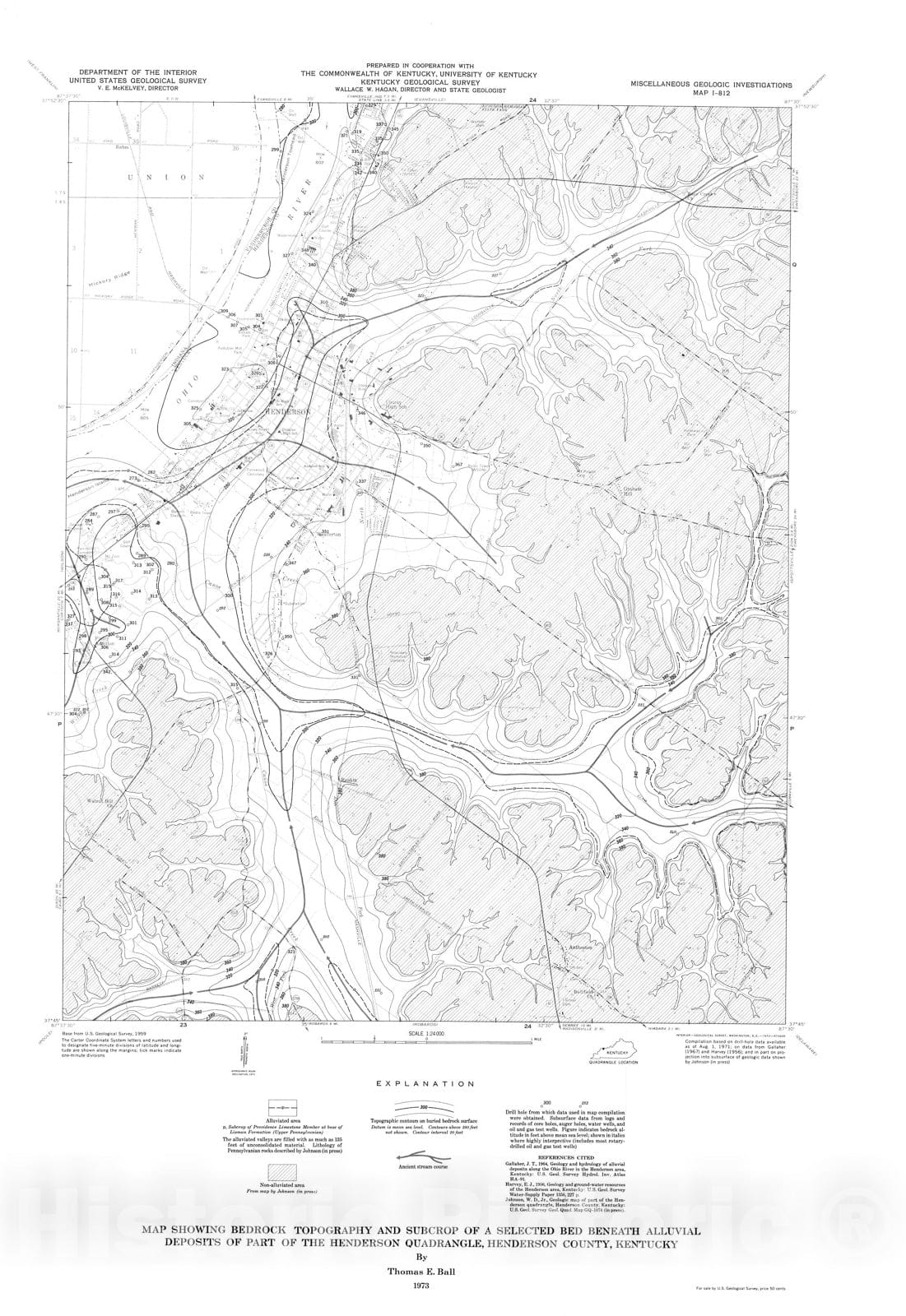 Map : Map showing bedrock topography and subcrop of a selected bed beneath alluvial deposits of part of the Henderson quadrangle, Henderson County, Kentucky, 1973 Cartography Wall Art :