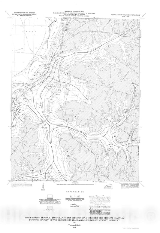 Map : Map showing bedrock topography and subcrop of a selected bed beneath alluvial deposits of part of the Henderson quadrangle, Henderson County, Kentucky, 1973 Cartography Wall Art :