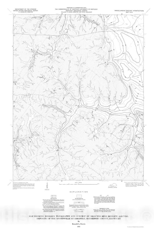 Map : Map showing bedrock topography and subcrop of selected beds beneath alluvial deposits of the Spottsville quadrangle, Henderson County, Kentucky, 1973 Cartography Wall Art :