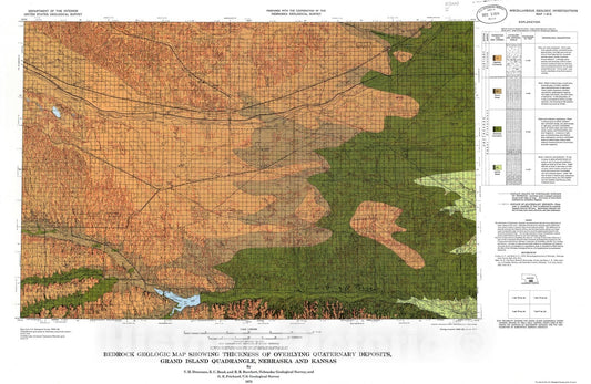 Map : Bedrock geologic map showing thickness of overlying Quaternary deposits, Grand Island quadrangle, Nebraska and Kansas, 1973 Cartography Wall Art :