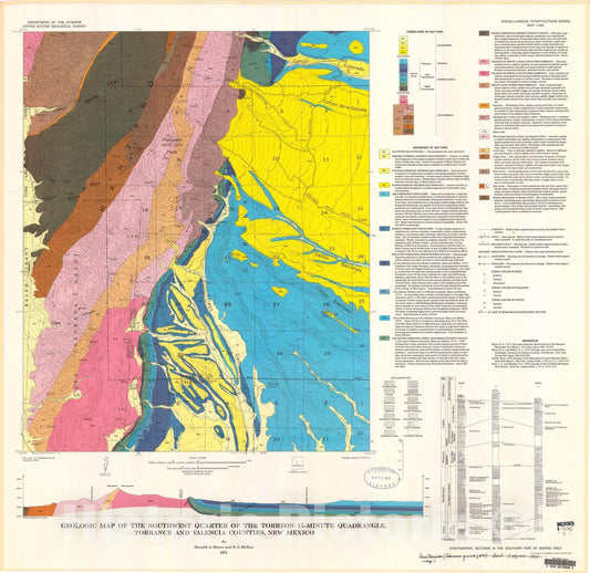 Map : Geologic map of the southwest quarter of the Torreon 15-minute quadrangle, Torrance and Valencia Counties, New Mexico, 1974 Cartography Wall Art :