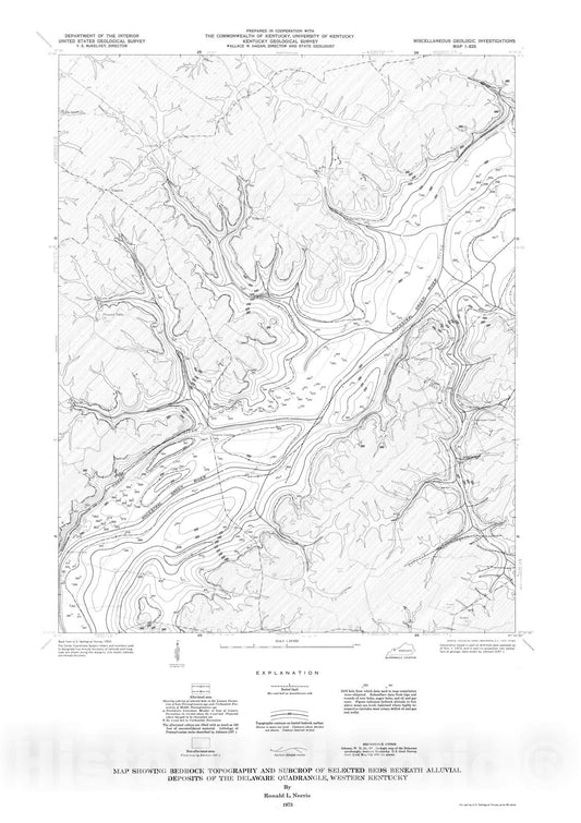 Map : Map showing bedrock topography and subcrop of selected beds beneath alluvium deposits of the Delaware quadrangle, western Kentucky, 1973 Cartography Wall Art :